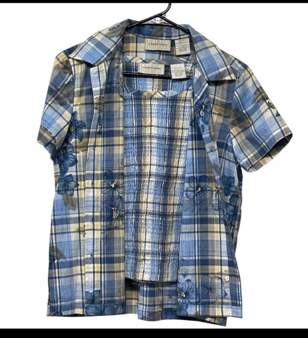 Lemon Grass Women Button Up Shirt & Tank Top Blue Plaid Flower Embroidered Small
